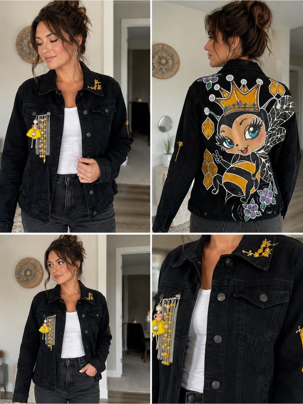 One-of-a-Kind Hand-Painted Black Denim Jacket – Size M